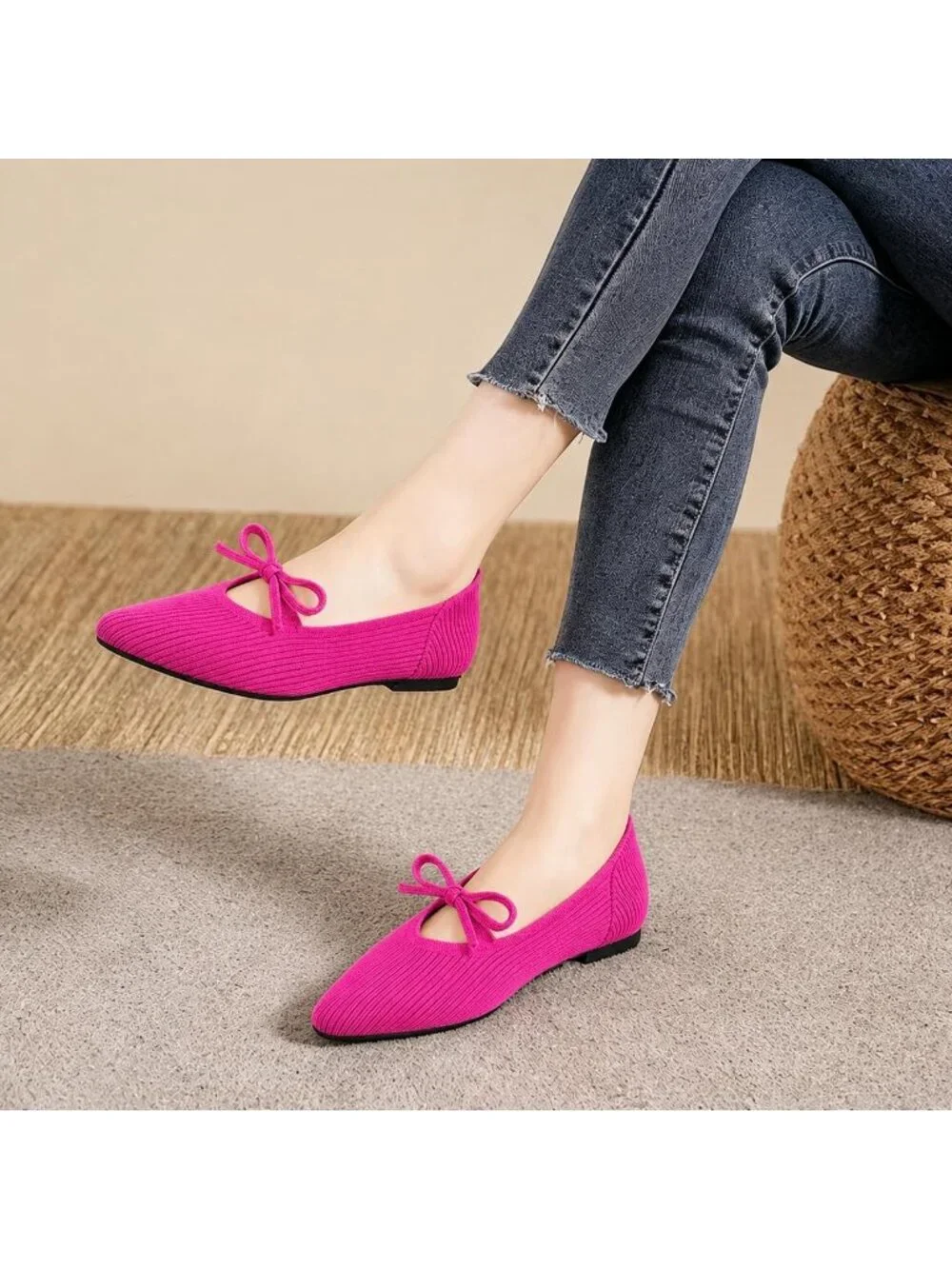 Women's Pink Pointed Toe Knit Ballet Flats Comfortable Pull On Casual Shoes